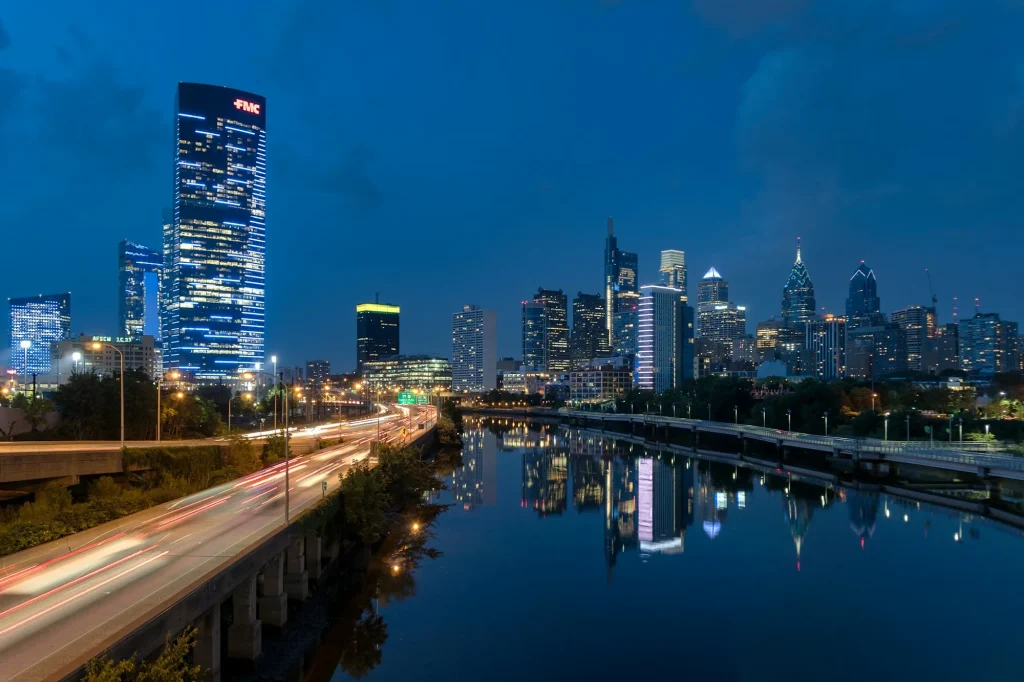 Philadelphia skyline reflected in the Schuylkill River at dusk