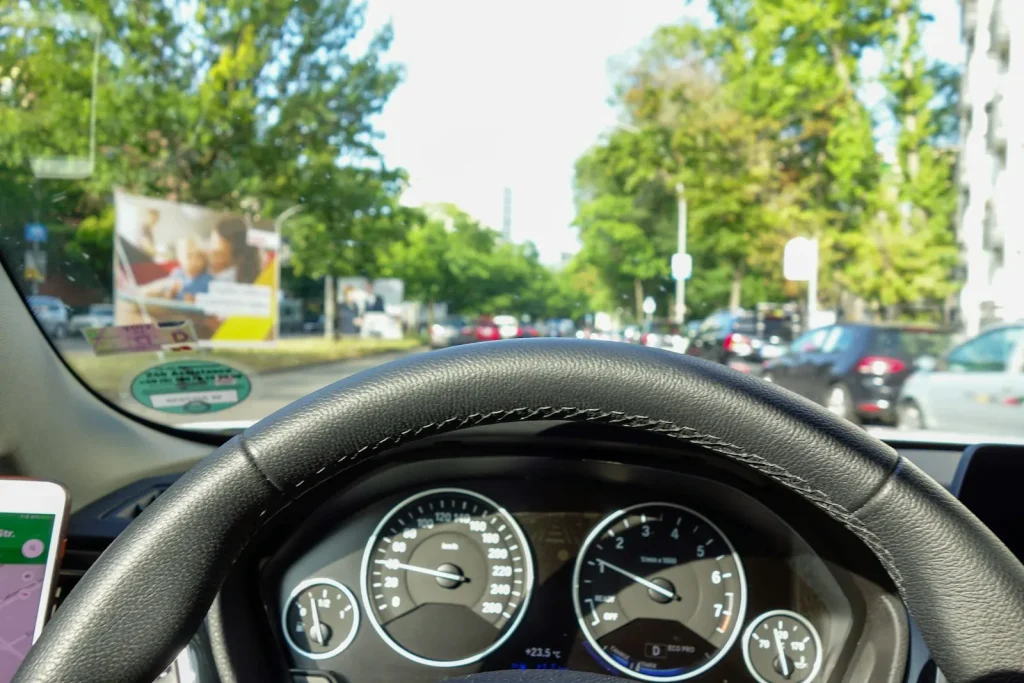 Driver's view of a tree lined street over the steering wheel